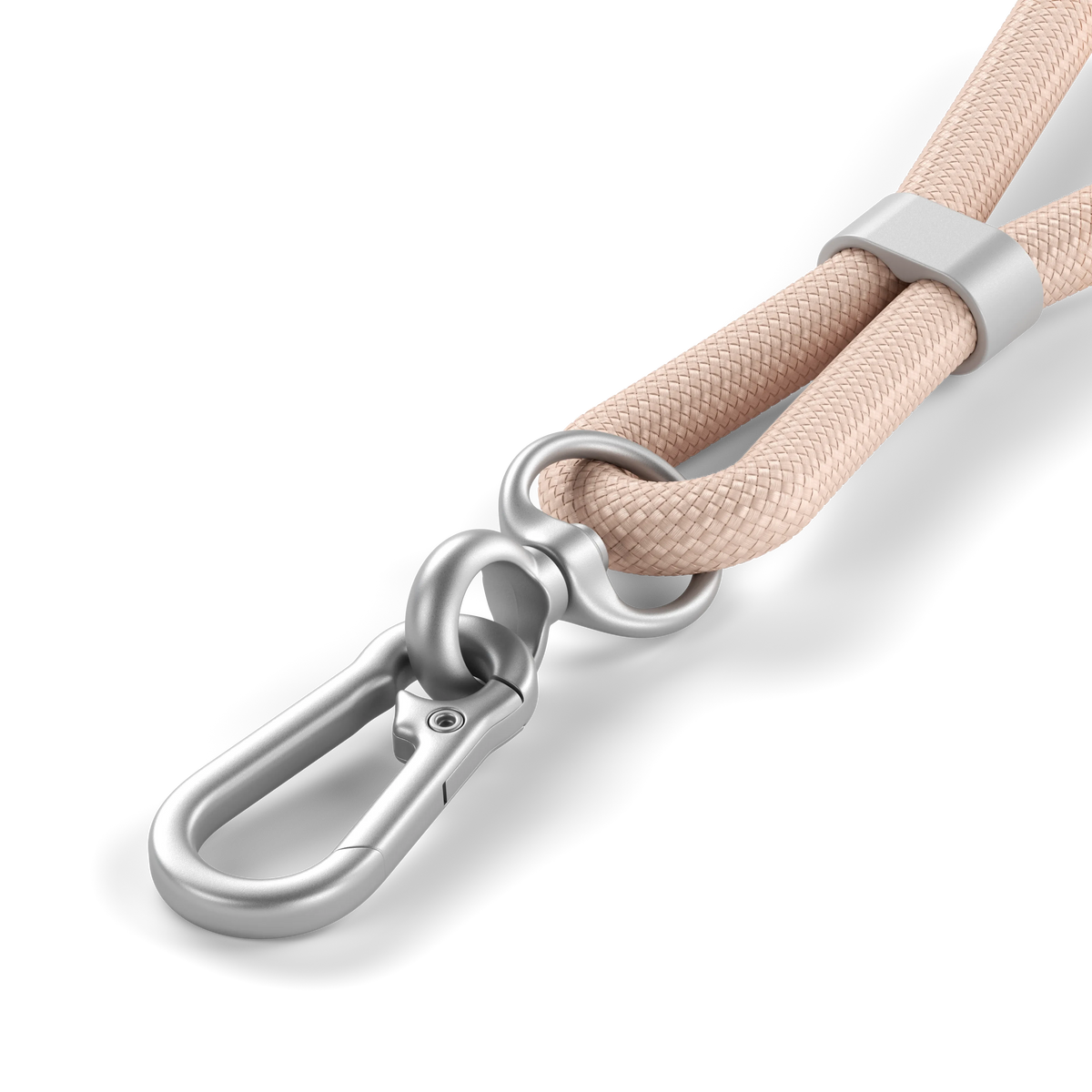 OntheGo USB-C Lanyard Cable in Desert Rose, carabiner clip, close up