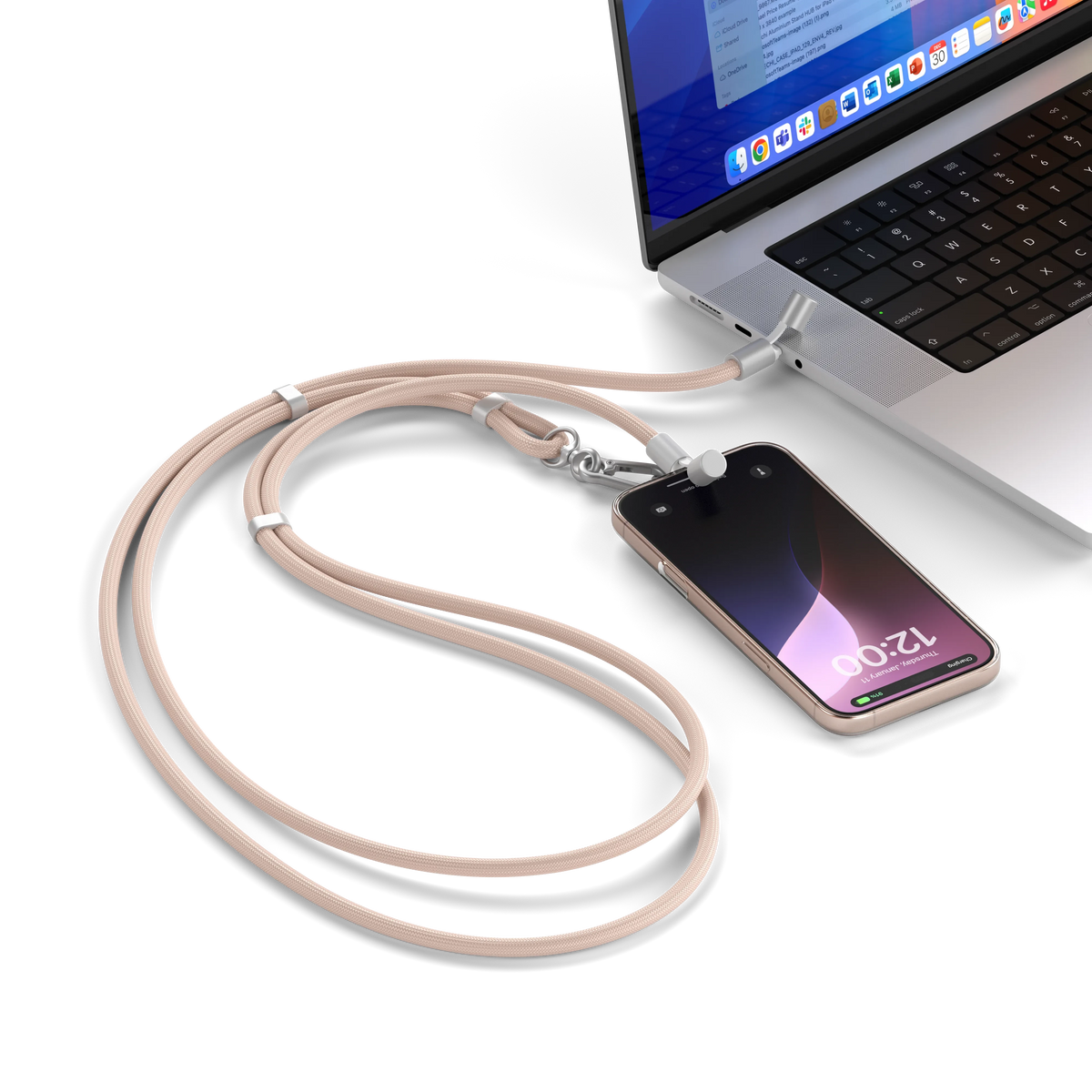 OntheGo USB-C Lanyard Cable in Desert Rose charging an iPhone from a laptop