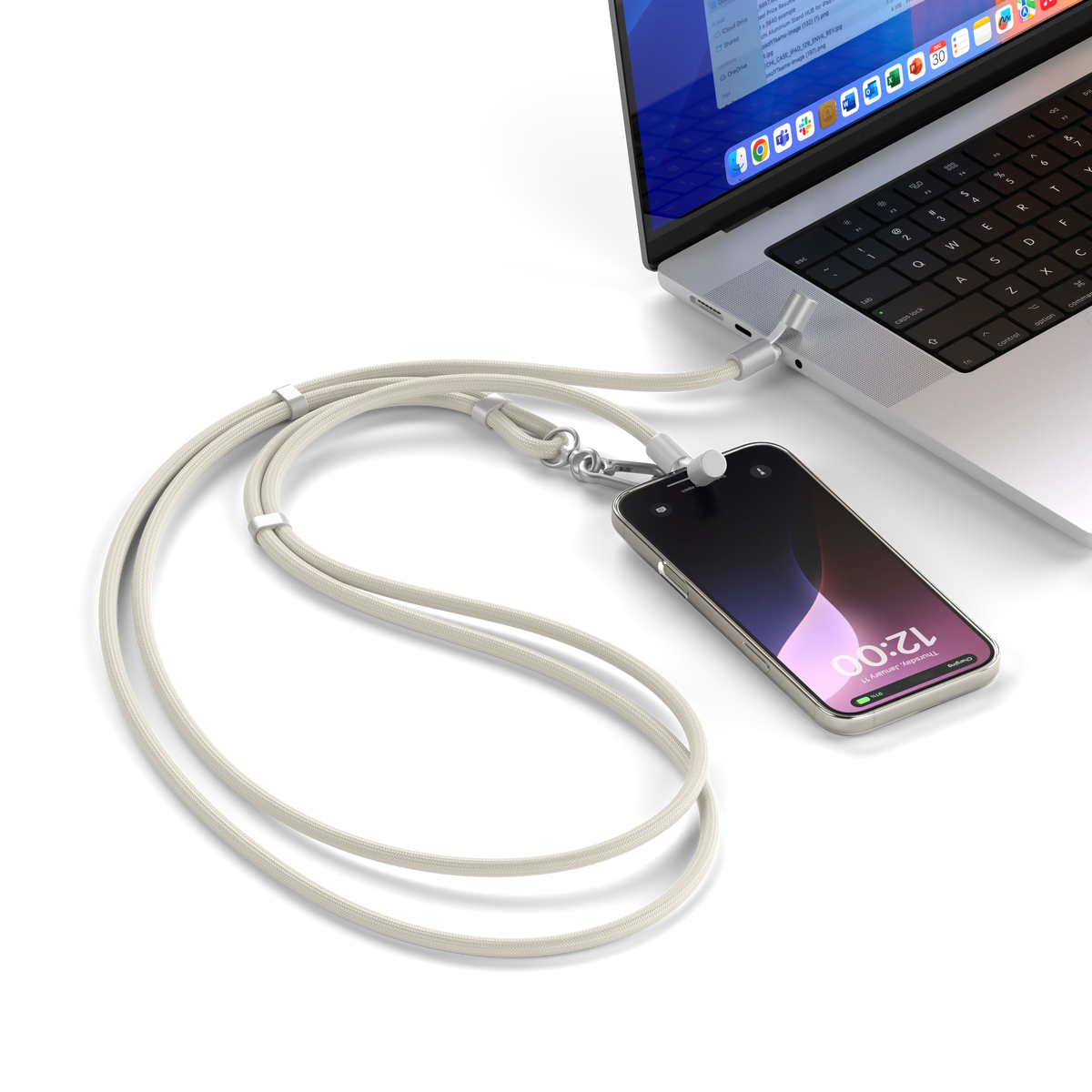 OntheGo USB-C Lanyard Cable in Sand charging an iPhone from a laptop