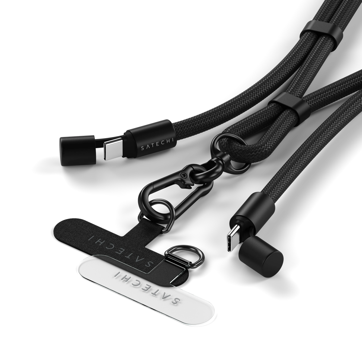 OntheGo USB-C Lanyard Cable in Black, USB-C ends, clip and phone card connector