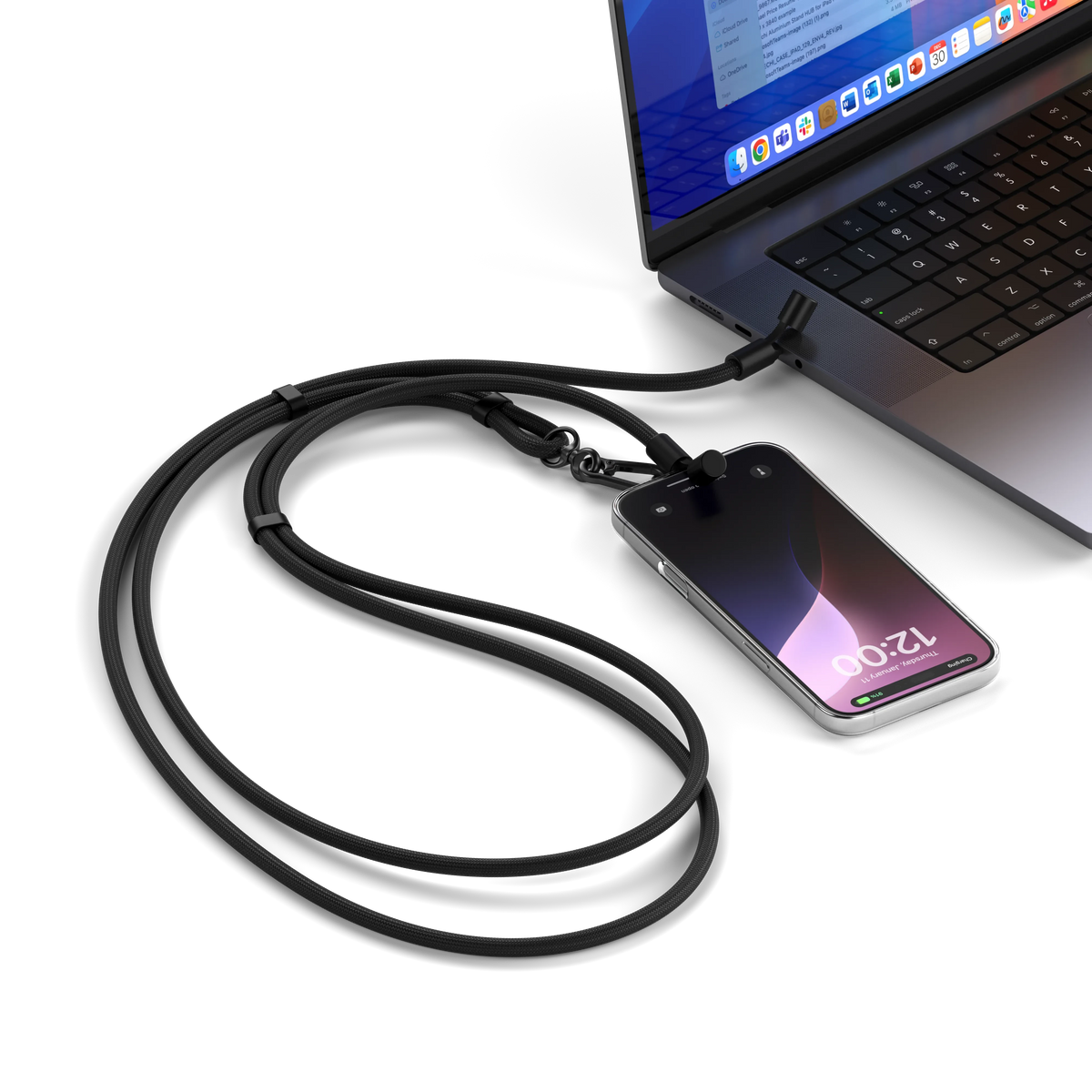 OntheGo USB-C Lanyard Cable in Black charging an iPhone from a laptop