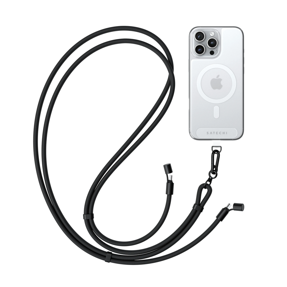 Satechi OntheGo USB-C Lanyard Cable in Black attached to an iPhone in a clear case