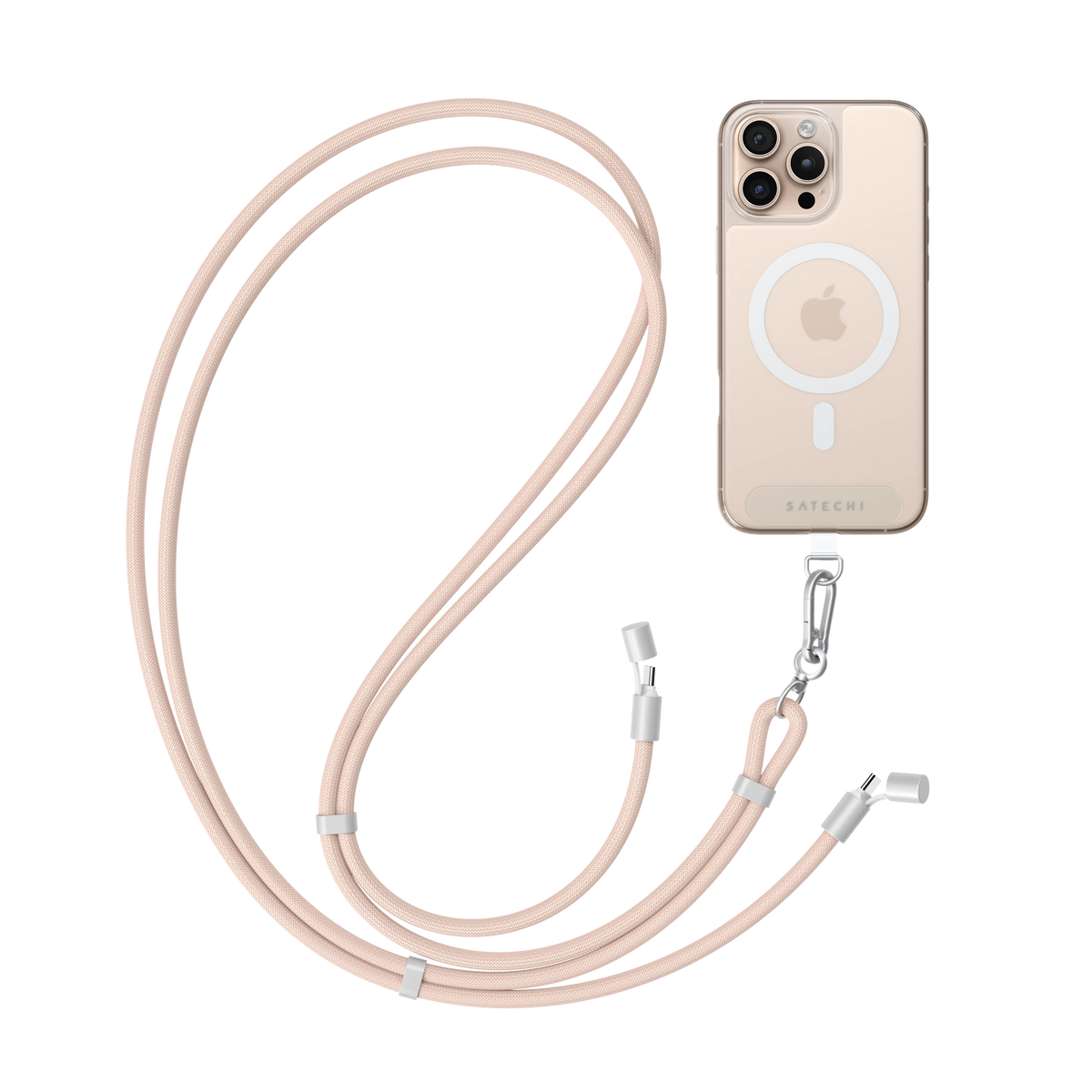 Satechi OntheGo USB-C Lanyard Cable in Desert Rose attached to an iPhone in a clear case