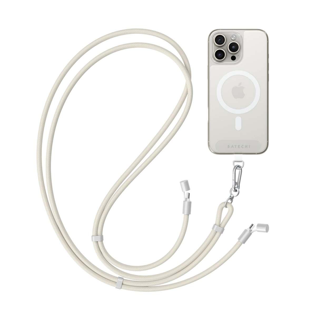 Satechi OntheGo USB-C Lanyard Cable in Sand attached to an iPhone in a clear case
