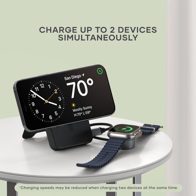 CHARGE UP TO 2 DEVICES SIMULTANEOUSLY. Satechi OnTheGo Power Bank 10K holding an iPhone in StandBy mode while charging an Apple Watch. *Charging speeds may be reduced when charging two devices at the same time.