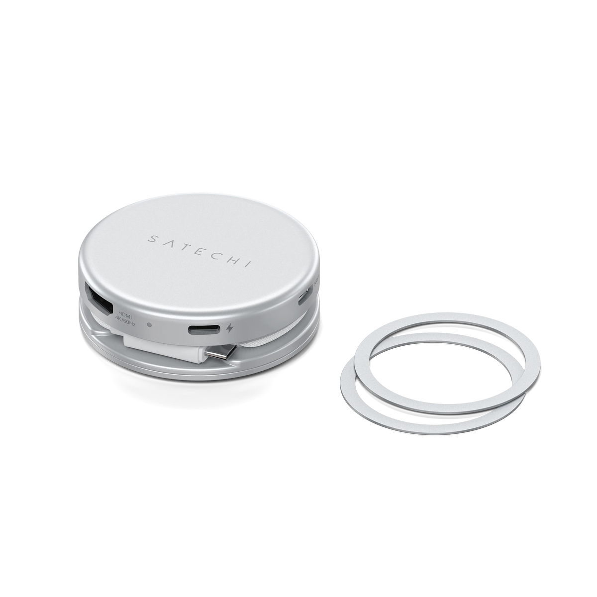 OntheGo 5-in-1 Multiport Adapter in Silver with its magnetic mounting ring