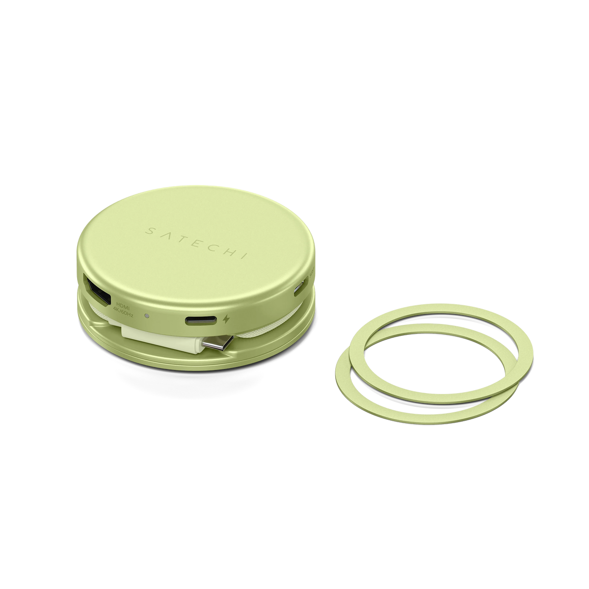 OntheGo 5-in-1 Multiport Adapter in Citrus with its magnetic mounting ring