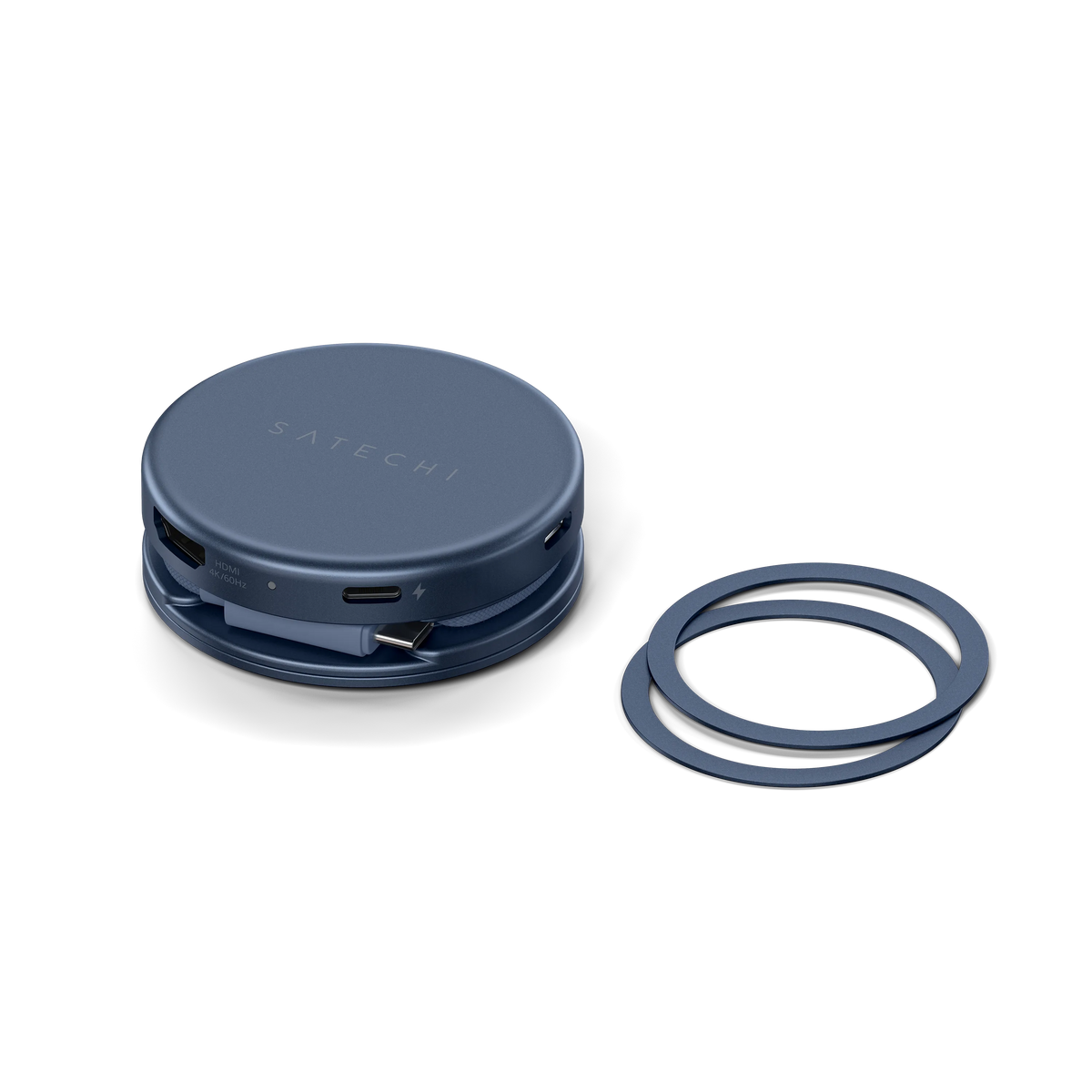 OntheGo 5-in-1 Multiport Adapter in Indigo with its magnetic mounting ring