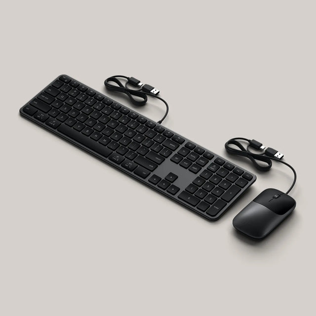 Satechi Slim CLX3 Wired Combo, a black full-size keyboard and mouse, each with a USB-C cable and USB-A adapter.