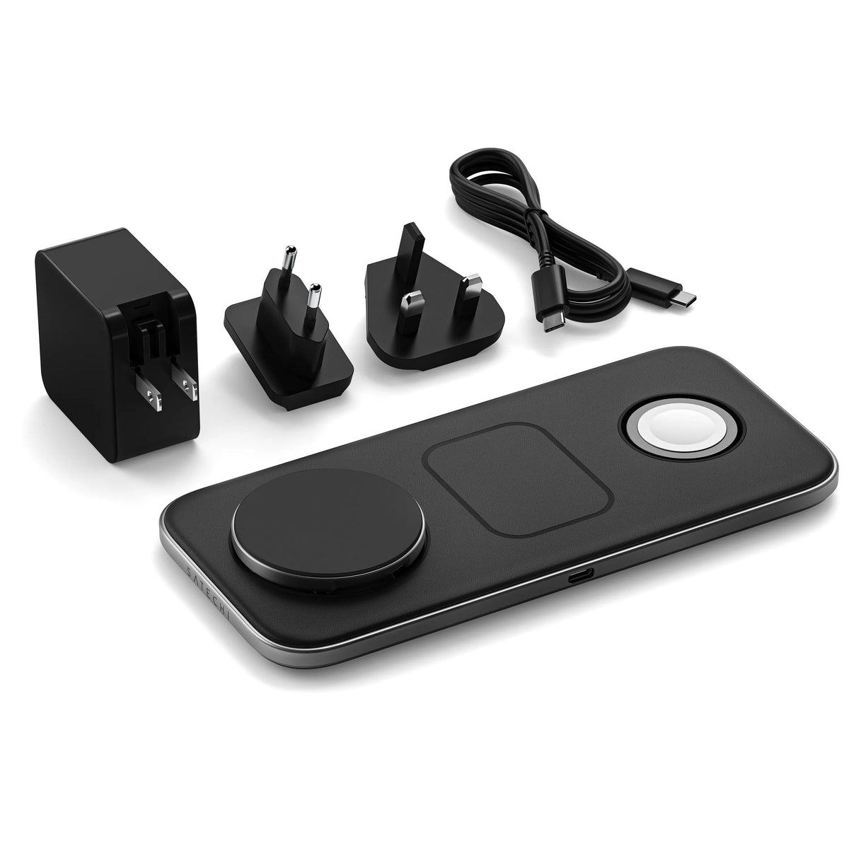 Qi2 Trio Wireless Charging Pad folded flat with power adapter, international plug adapters and USB-C cable