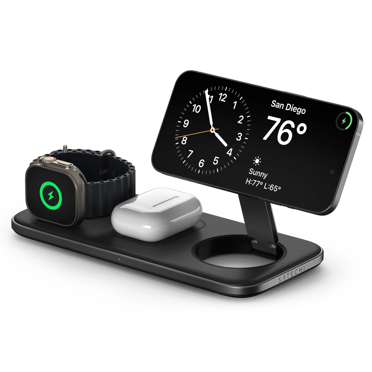 Satechi Qi2 Trio Wireless Charging Pad charging an Apple Watch, AirPods and an iPhone in StandBy mode