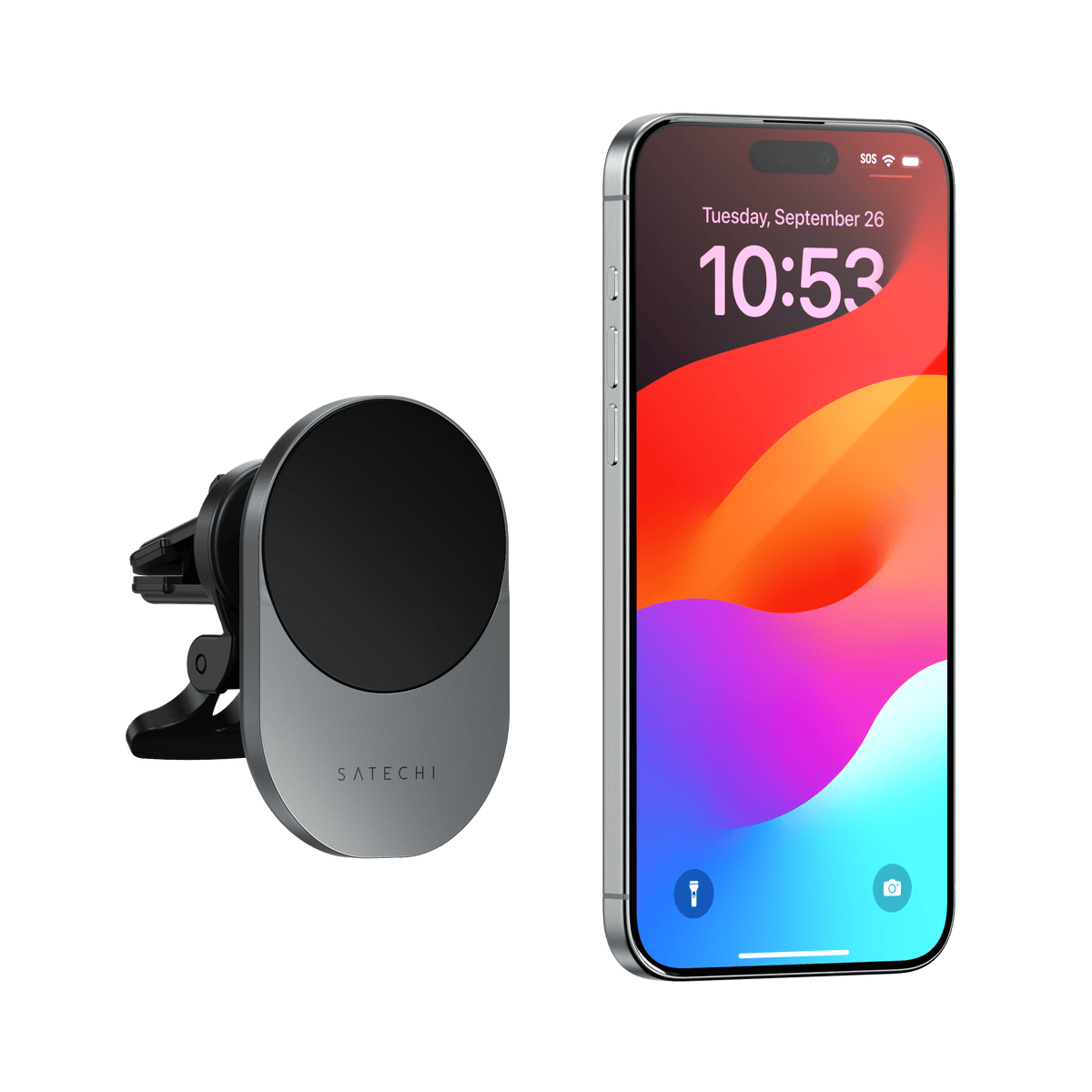 Satechi Qi2 Wireless Car Charger vent mount next to an iPhone