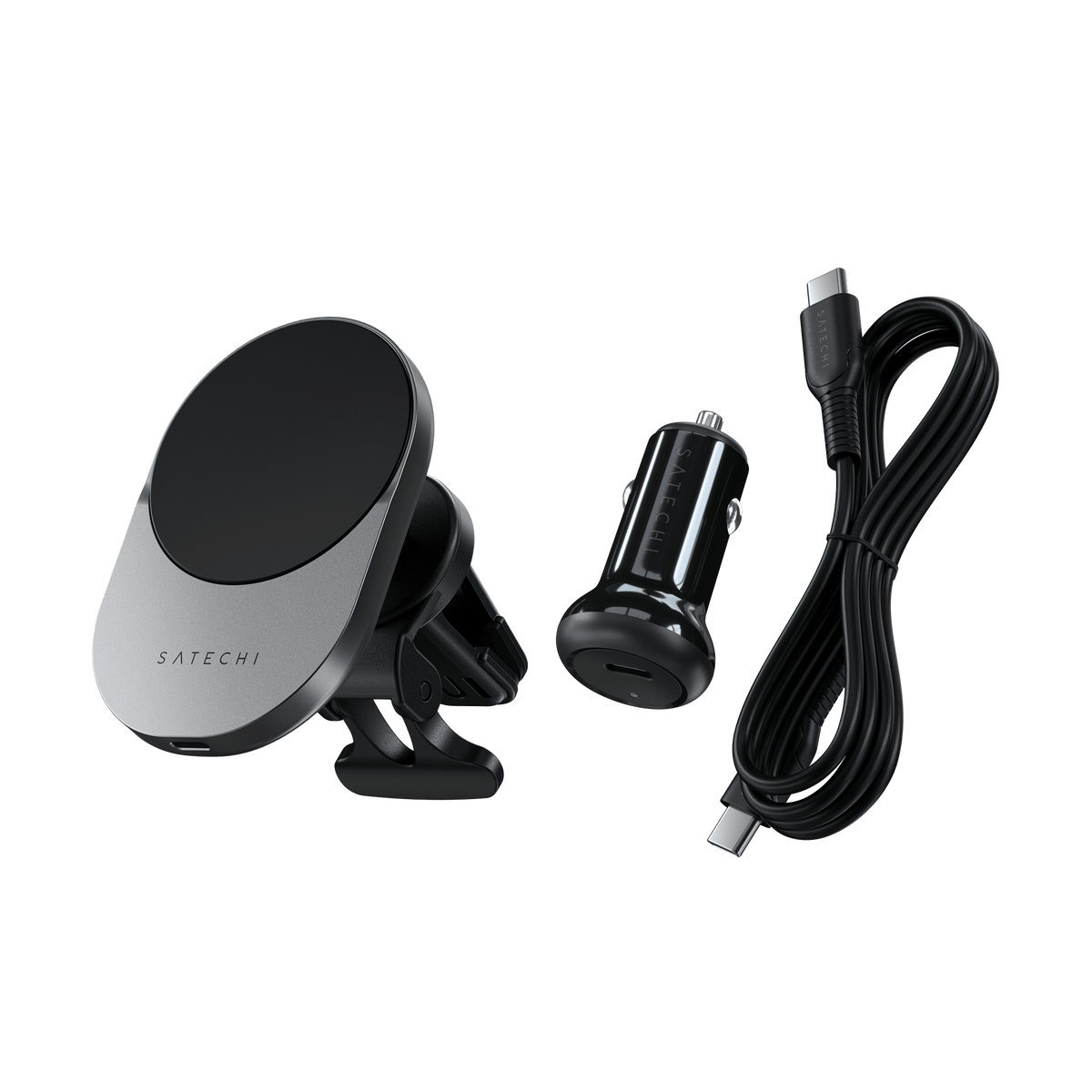Qi2 Wireless Car Charger with car power adapter and USB-C cable