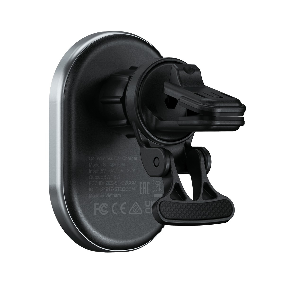 Qi2 Wireless Car Charger, back view showing the vent clip