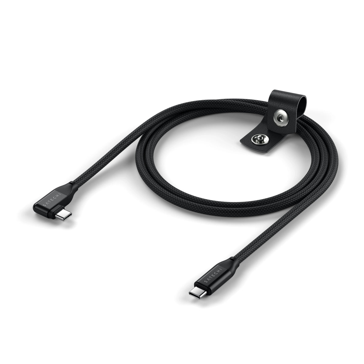 Right-Angle USB-C cable, coiled, with its leather cable strap