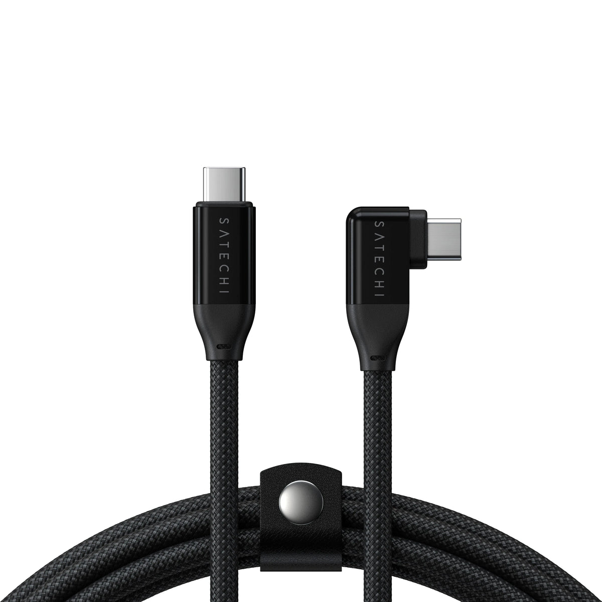 Satechi Right-Angle USB-C to USB-C Data and Charge Cable, straight and right-angle connectors with cable strap
