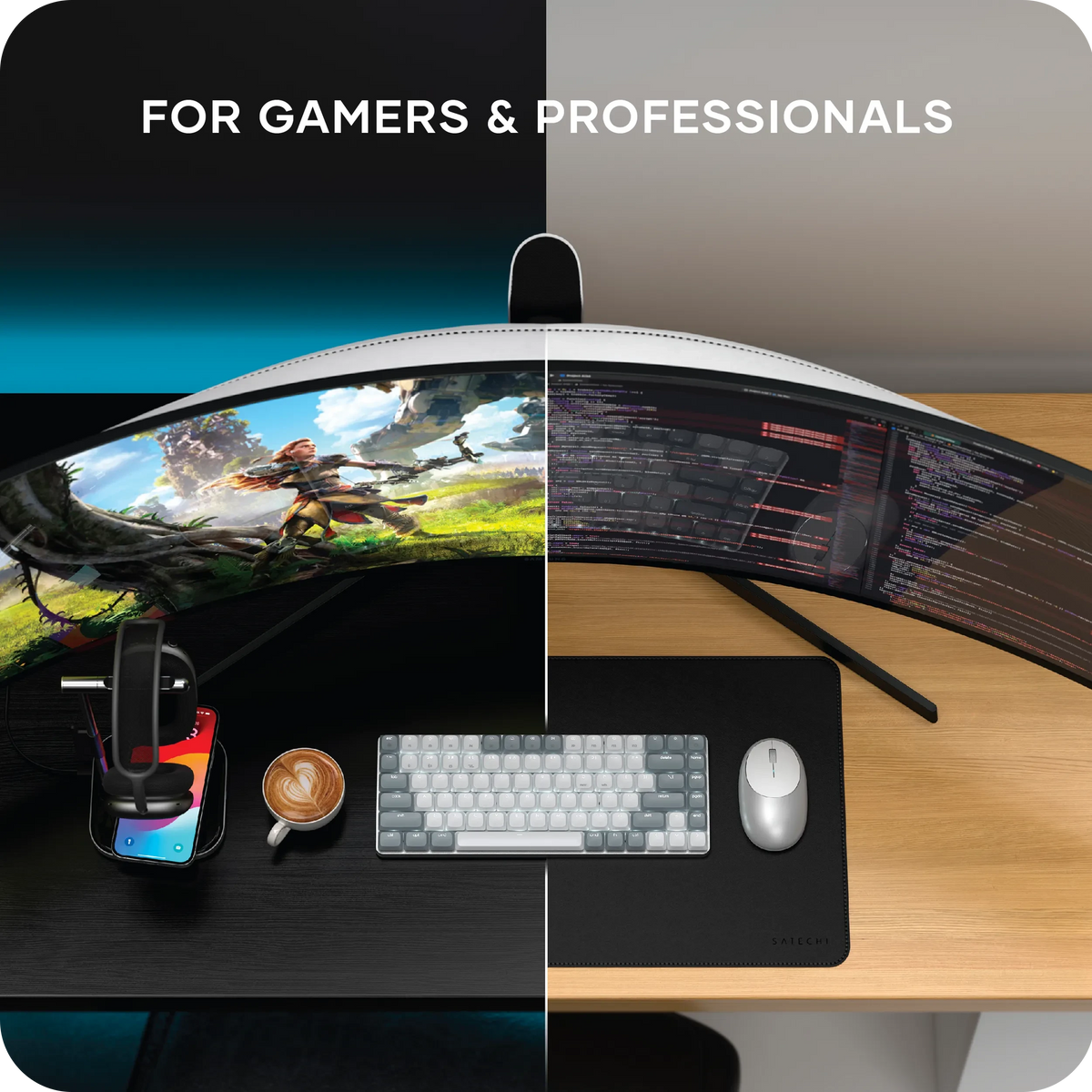 SM1 Slim Mechanical Backlit Bluetooth Keyboard in Light on a split desk setup. FOR GAMERS & PROFESSIONALS