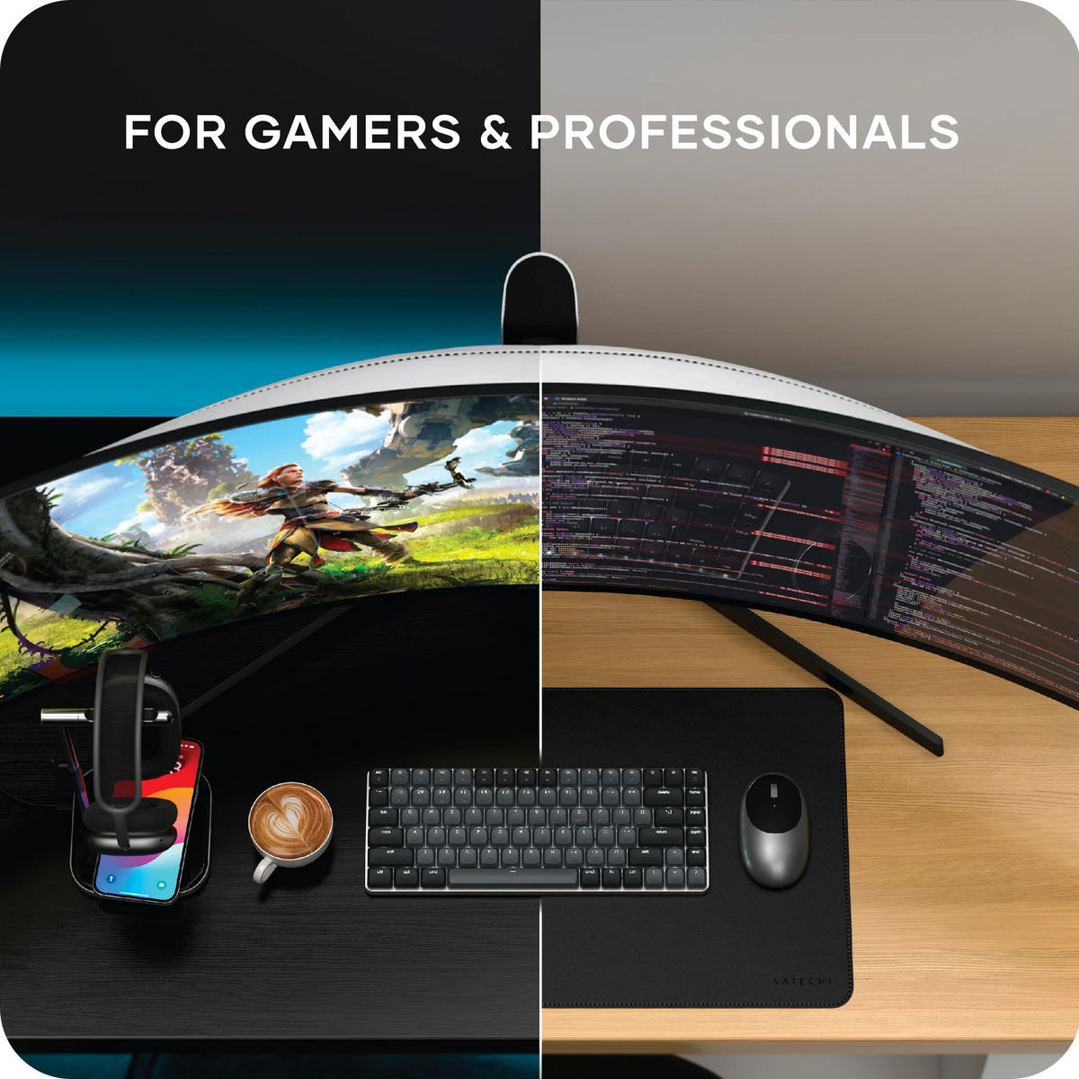 SM1 Slim Mechanical Backlit Bluetooth Keyboard in Dark on a split desk setup. FOR GAMERS & PROFESSIONALS