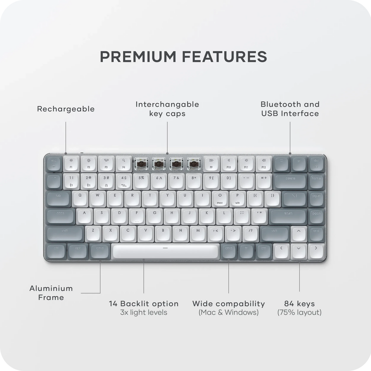 SM1 Slim Mechanical Backlit Bluetooth Keyboard in Light infographic. PREMIUM FEATURES: Rechargeable, Interchangeable key caps, Bluetooth and USB interface, Aluminium frame, 14 backlit options with 3x light levels, Wide compatibility (Mac and Windows), 84 keys (75% layout)
