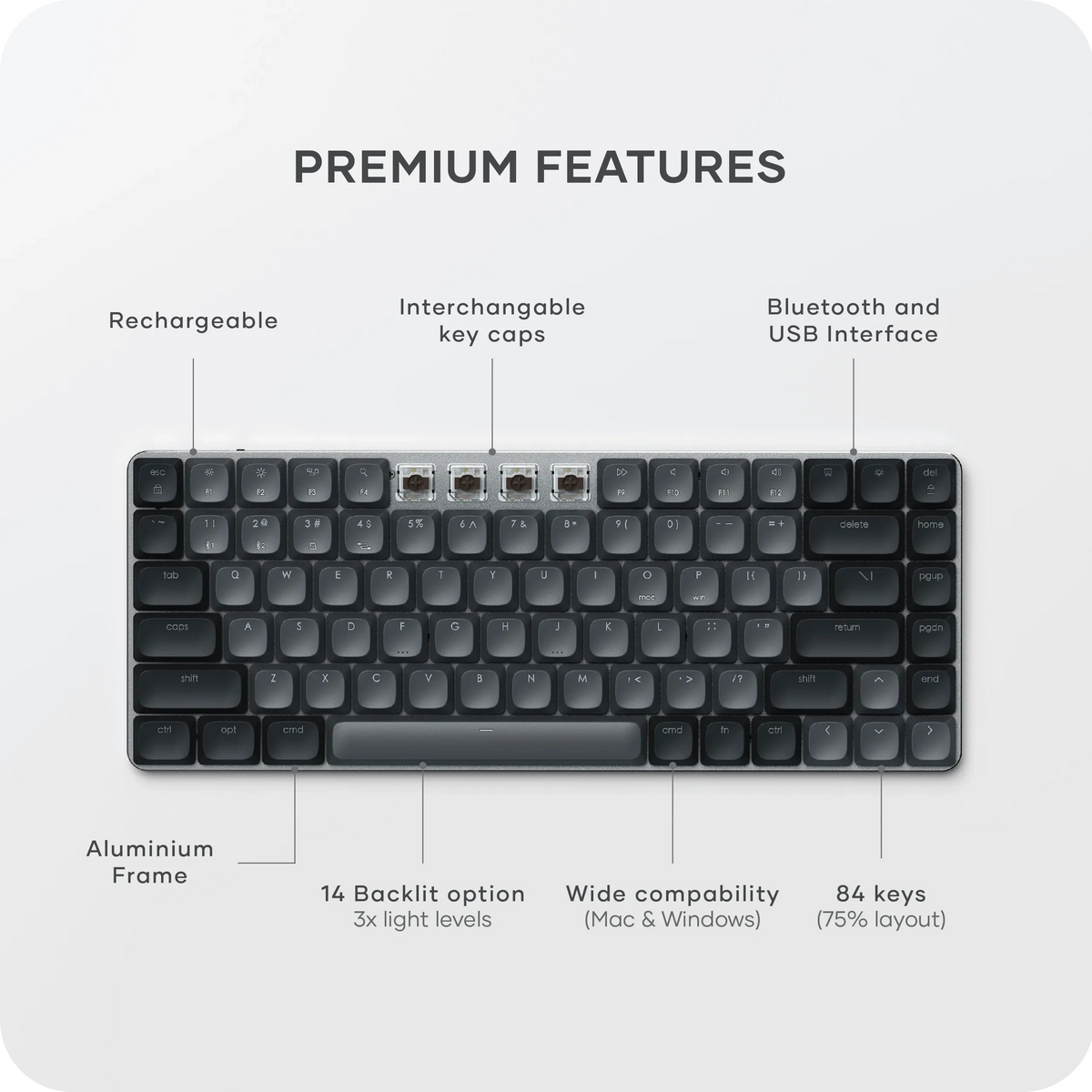 SM1 Slim Mechanical Backlit Bluetooth Keyboard in Dark infographic. PREMIUM FEATURES: Rechargeable, Interchangeable key caps, Bluetooth and USB interface, Aluminium frame, 14 backlit options with 3x light levels, Wide compatibility (Mac and Windows), 84 keys (75% layout)
