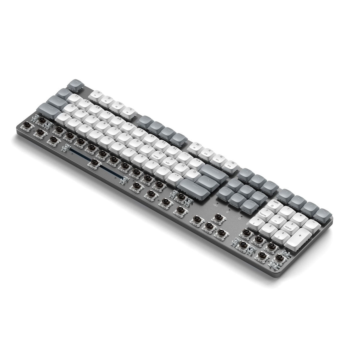 SM3 Slim Mechanical Backlit Bluetooth Keyboard in Light, angled view with keycaps partly removed to show switches