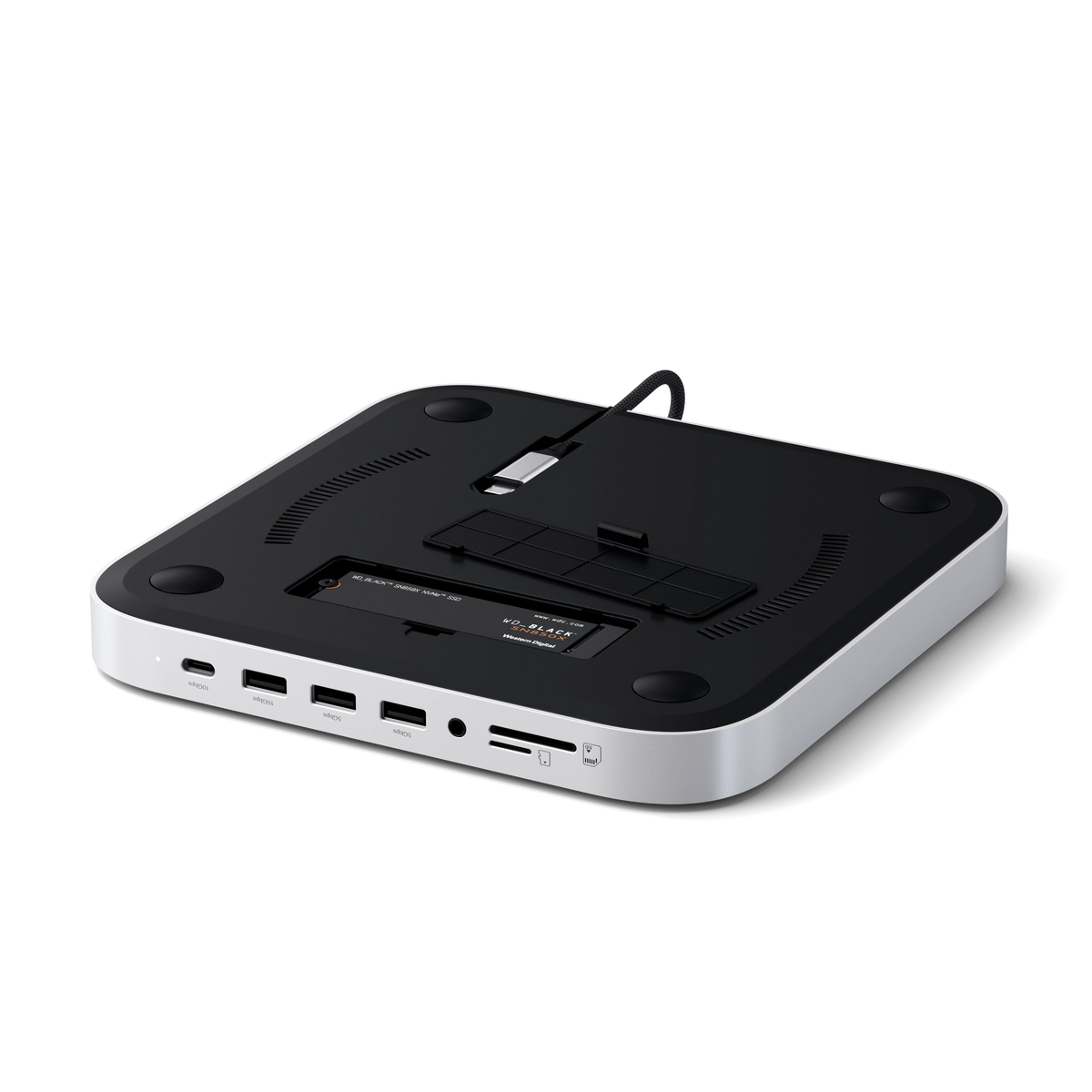 Stand & Hub for Mac Studio M5 with NVMe SSD Enclosure, top view with the NVMe SSD bay open