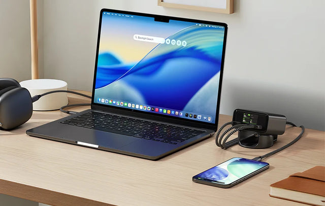 Laptop on a desk with a Satechi ChargeView™ 240W Desktop Charger with a display charging a phone, next to over-ear headphones.
