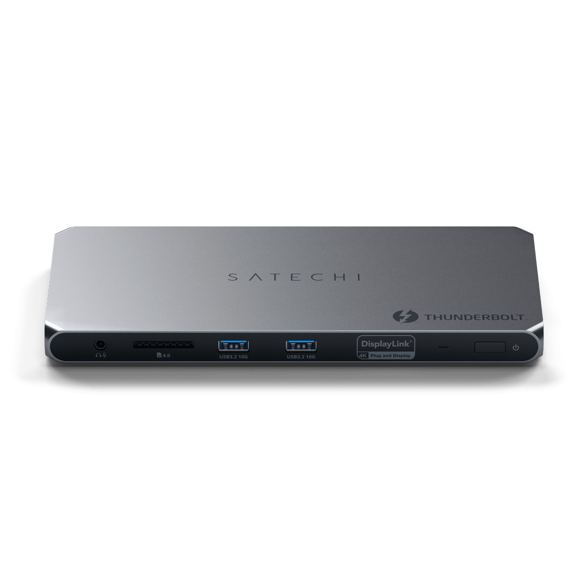 Satechi Thunderbolt 4 Docking Station with DisplayLink, front view showing audio jack, card slots, USB-A ports and DisplayLink port