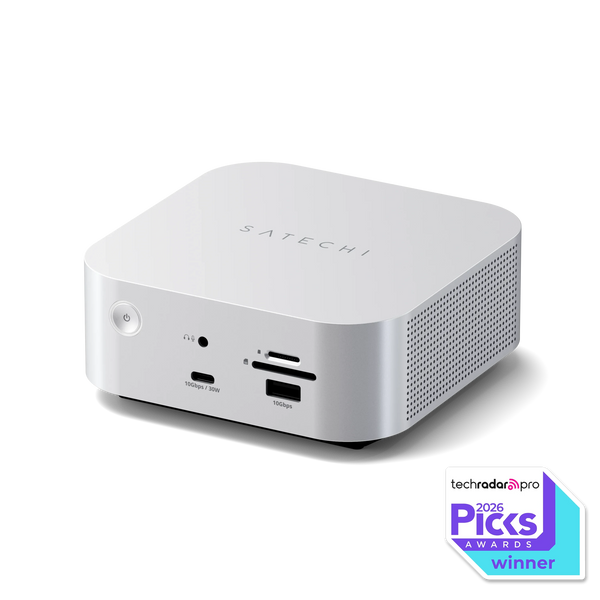 Satechi Thunderbolt 5 CubeDock with SSD Enclosure, front view showing ports and SD card slots, with TechRadar Pro 2026 Picks Awards winner badge