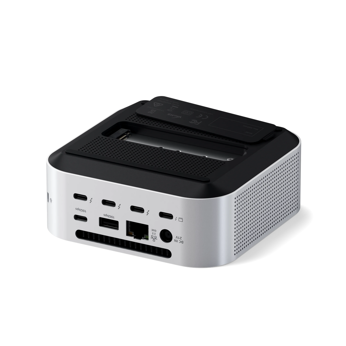 Thunderbolt 5 CubeDock with SSD Enclosure with top cover open, showing the SSD bay