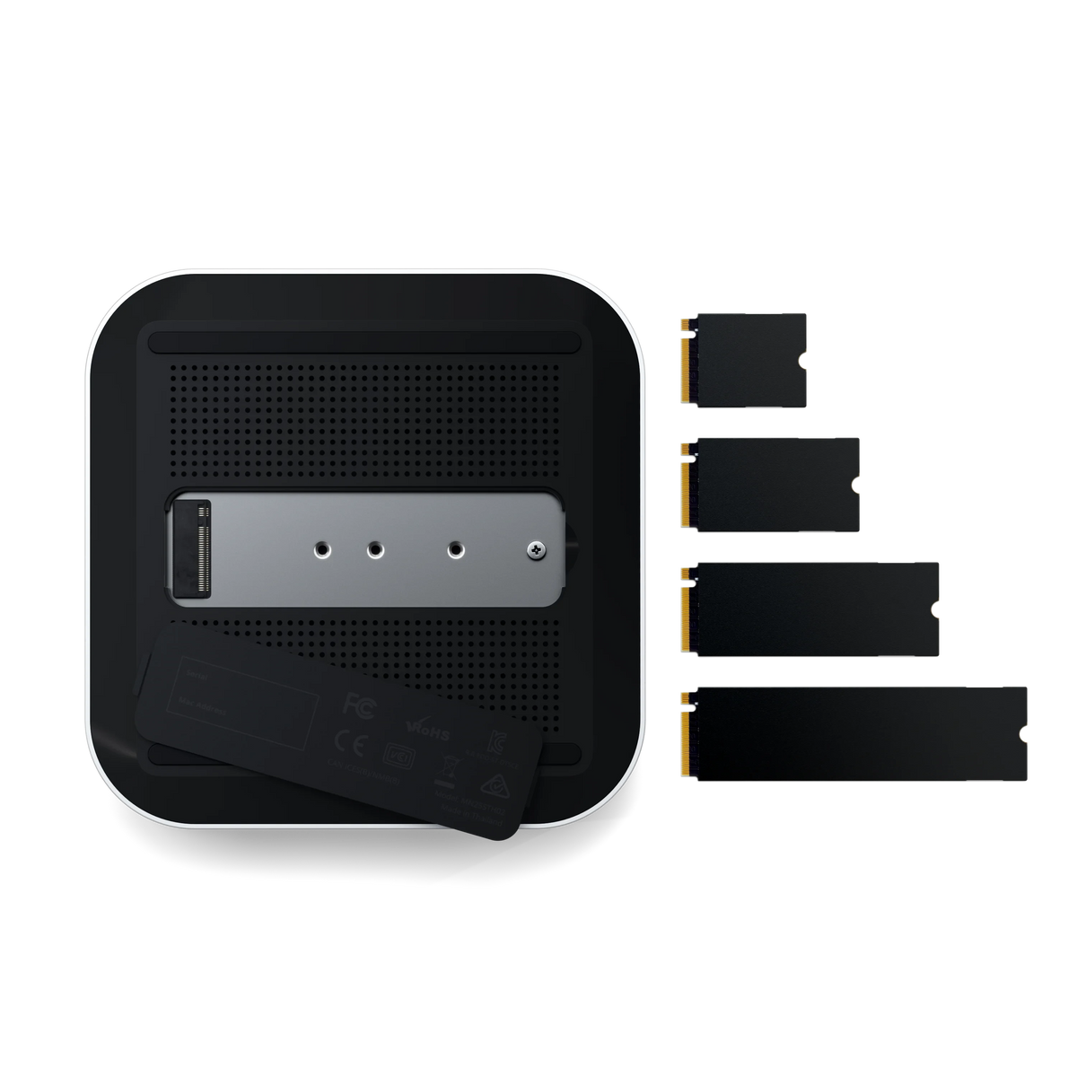 Thunderbolt 5 CubeDock with SSD Enclosure, underside SSD bay with four sizes of M.2 SSD