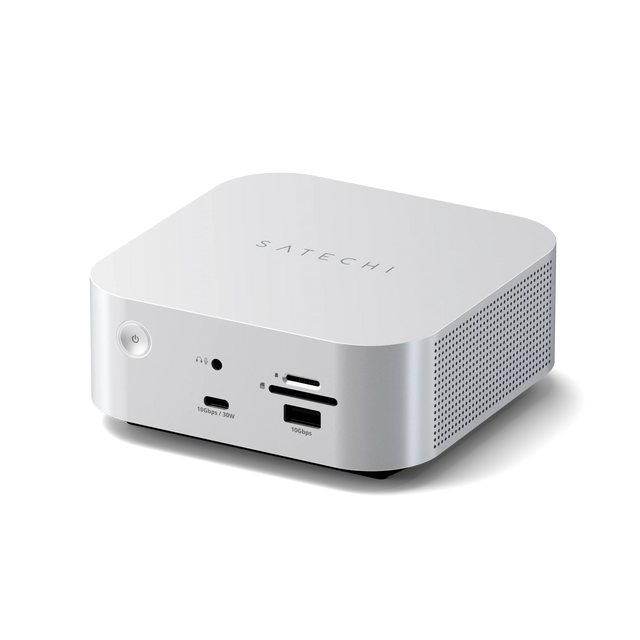 Satechi Thunderbolt 5 CubeDock in silver, front view showing the power button, audio jack, USB-C port, SD card slots and USB-A port.