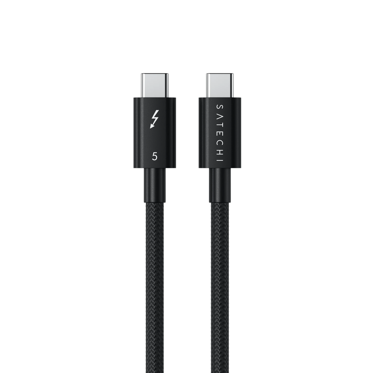 Thunderbolt 5 Pro Cable connectors, showing the Thunderbolt 5 and Satechi logos