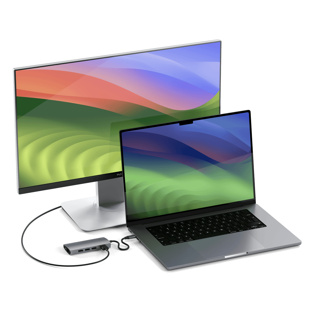 Type-C Multi-Port Adapter 4K with Ethernet V2 in Space Gray connecting a MacBook Pro to an external monitor