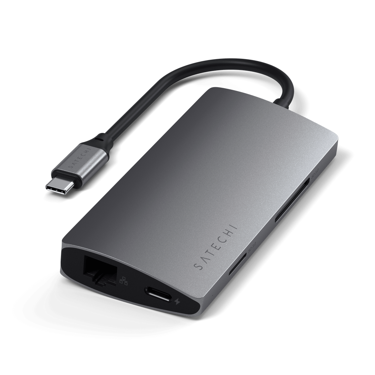 Satechi Type-C Multi-Port Adapter 4K with Ethernet V2 in Space Gray, angled view of Ethernet and HDMI ports