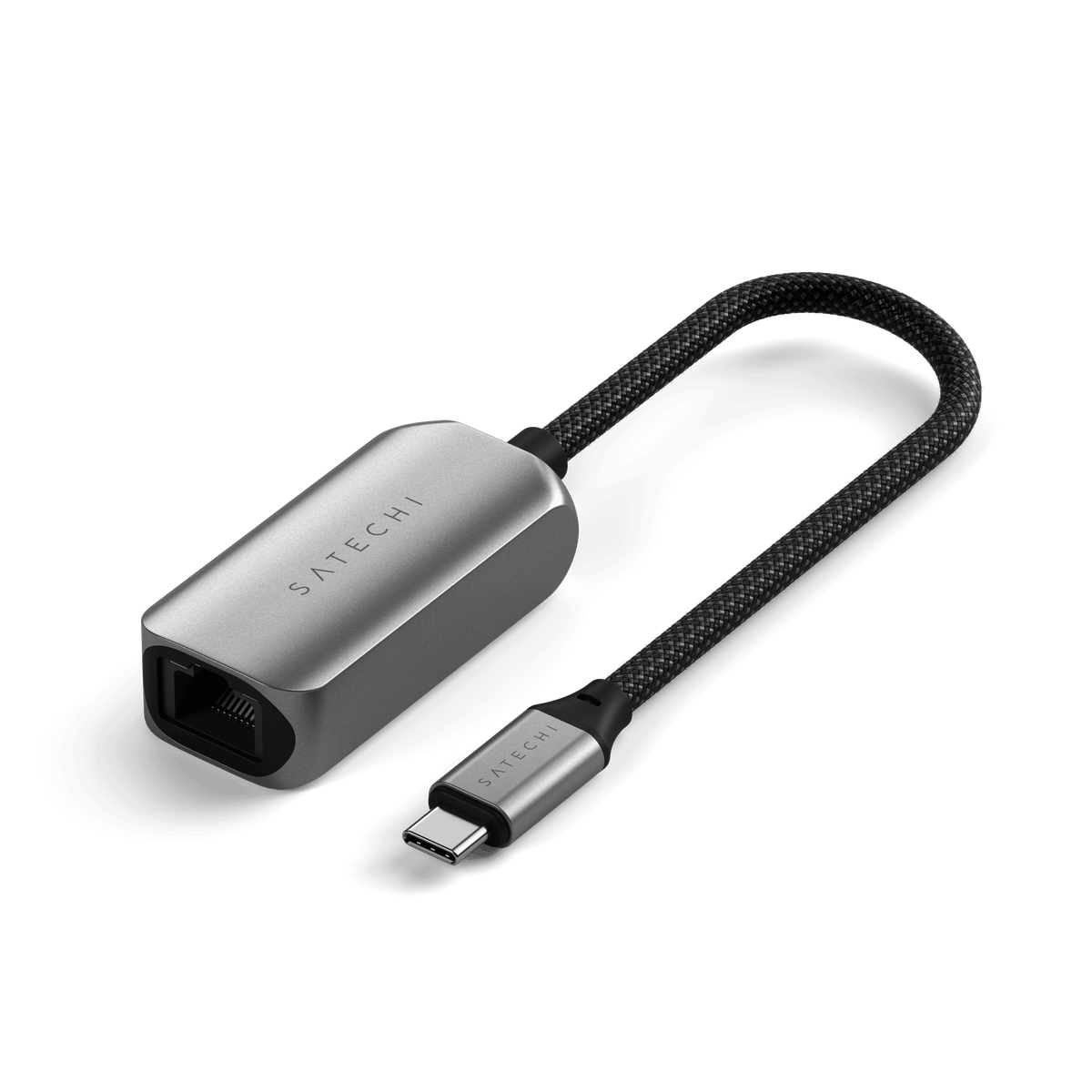 Satechi USB-C 2.5 Gigabit Ethernet Adapter, angled view with braided cable