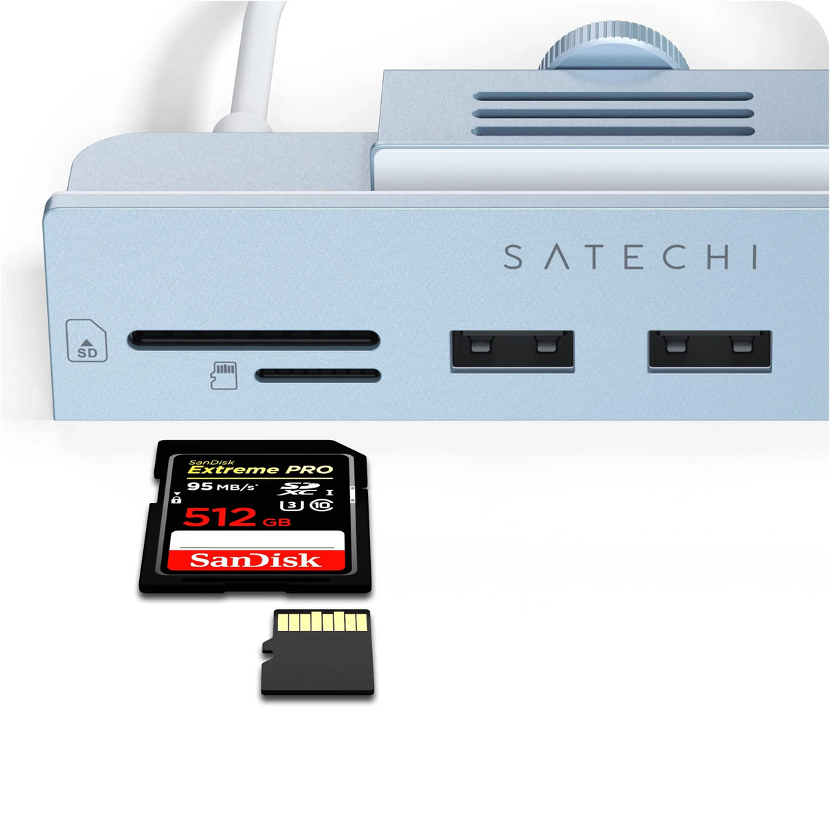 USB-C Clamp Hub for 24-inch iMac in Blue, close up of SD and microSD card slots with cards