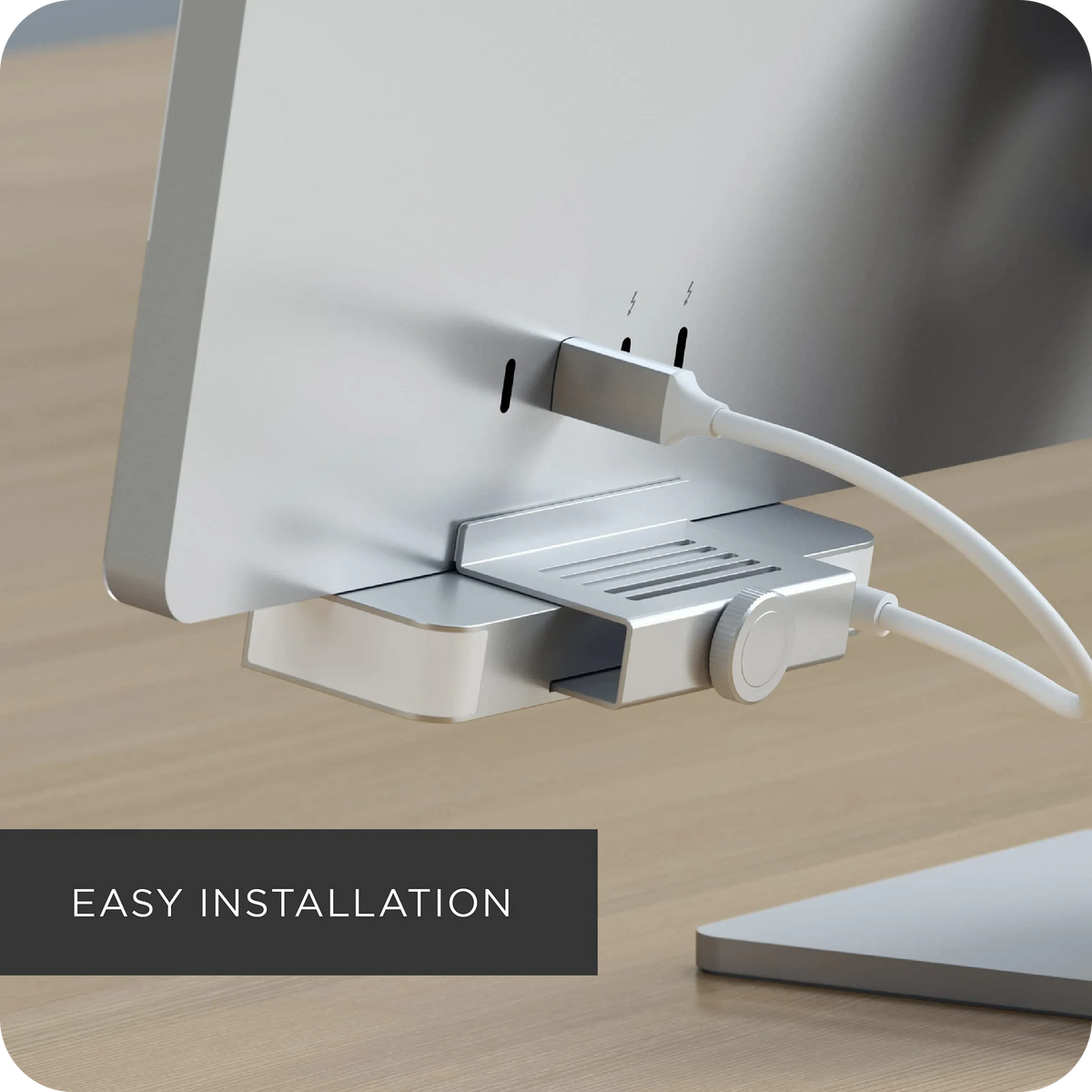 USB-C Clamp Hub for 24-inch iMac in Silver being clamped onto an iMac, with text: Easy installation