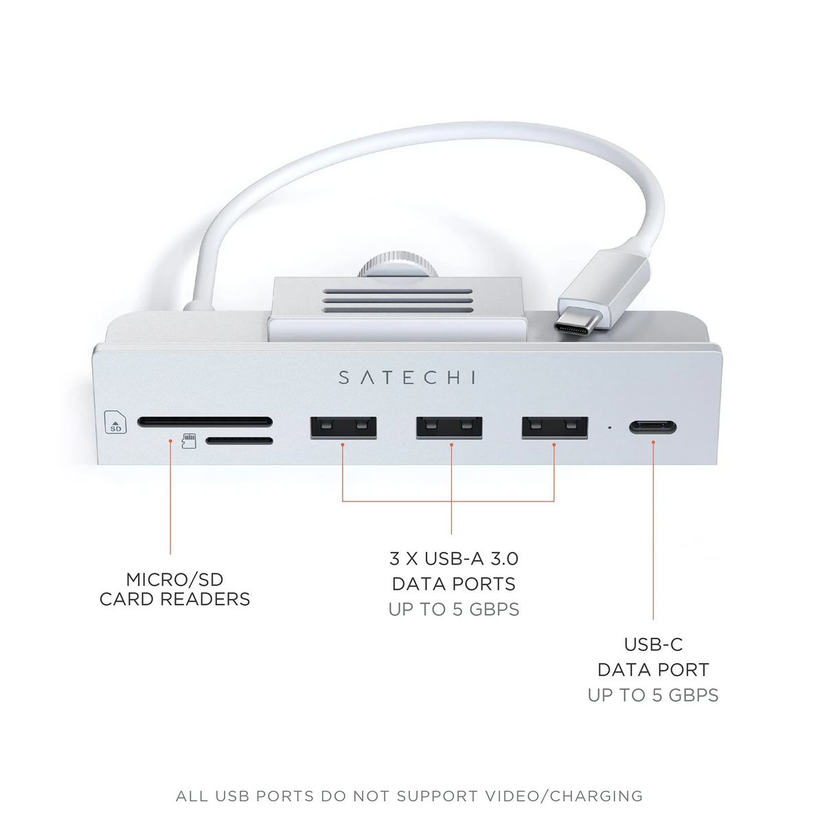 USB-C Clamp Hub for 24-inch iMac in Silver port diagram: micro/SD card readers, 3 USB-A 3.0 data ports up to 5Gbps, USB-C data port up to 5Gbps. USB ports do not support video or charging