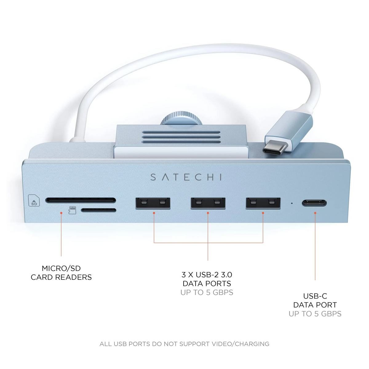 USB-C Clamp Hub for 24-inch iMac in Blue port diagram: micro/SD card readers, 3 USB-A 3.0 data ports up to 5Gbps, USB-C data port up to 5Gbps. USB ports do not support video or charging