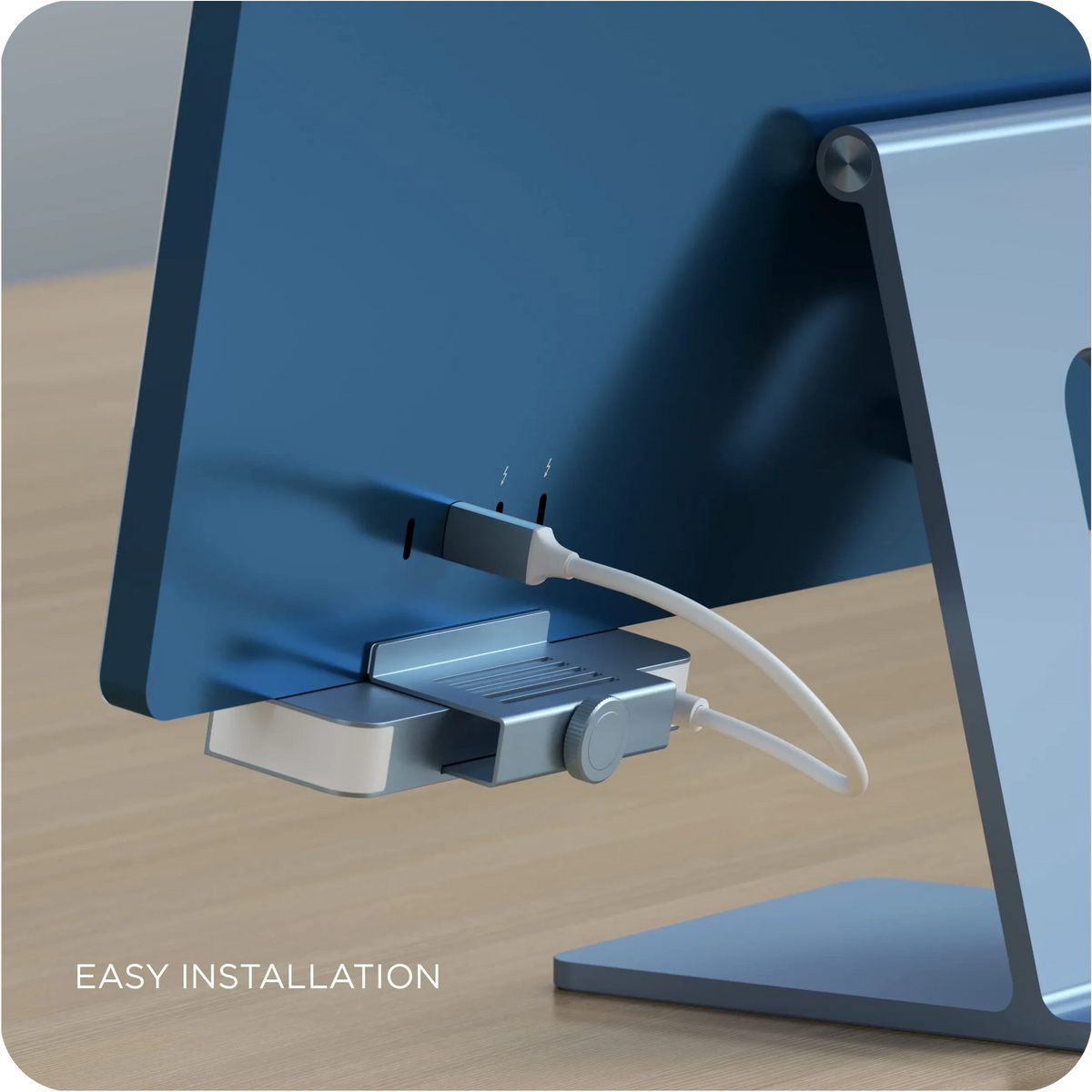 USB-C Clamp Hub for 24-inch iMac in Blue being clamped onto an iMac, with text: Easy installation