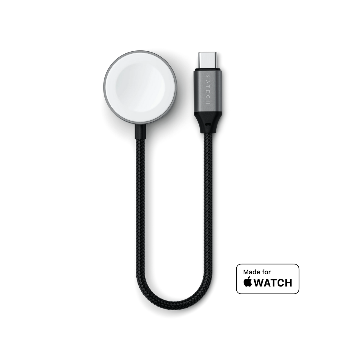 Satechi USB-C Fast Charging Cable for Apple Watch, top view, with Made for Apple Watch badge