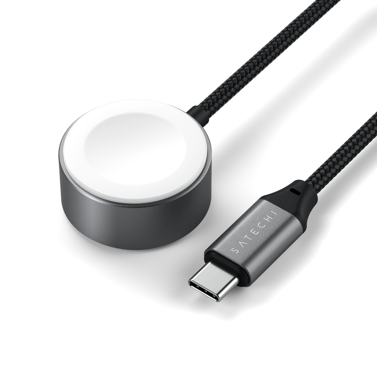 USB-C Fast Charging Cable for Apple Watch, close up of the charging puck and USB-C plug