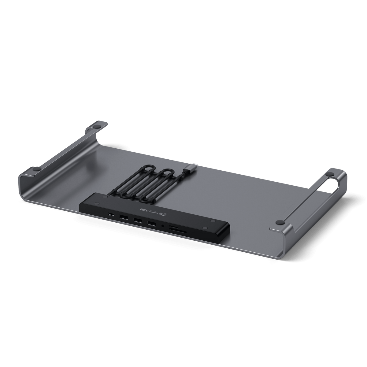 USB-C Monitor Stand Hub XL in Space Gray, showing the hub ports along the front edge