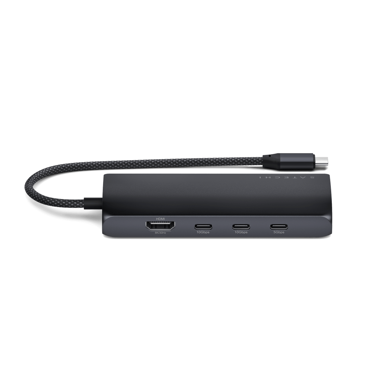 USB-C Multiport Adapter 8K With Ethernet V3 in Midnight, side view showing HDMI and three USB-C ports