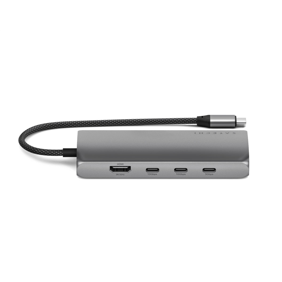 USB-C Multiport Adapter 8K With Ethernet V3 in Space Gray, side view showing HDMI and three USB-C ports
