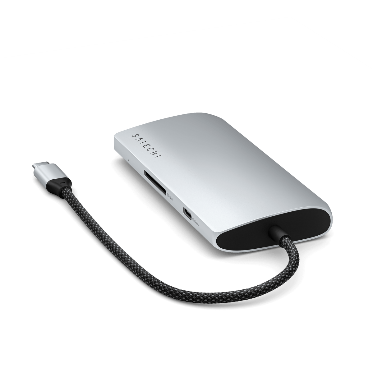 USB-C Multiport Adapter 8K With Ethernet V3 in Silver, top view with braided cable