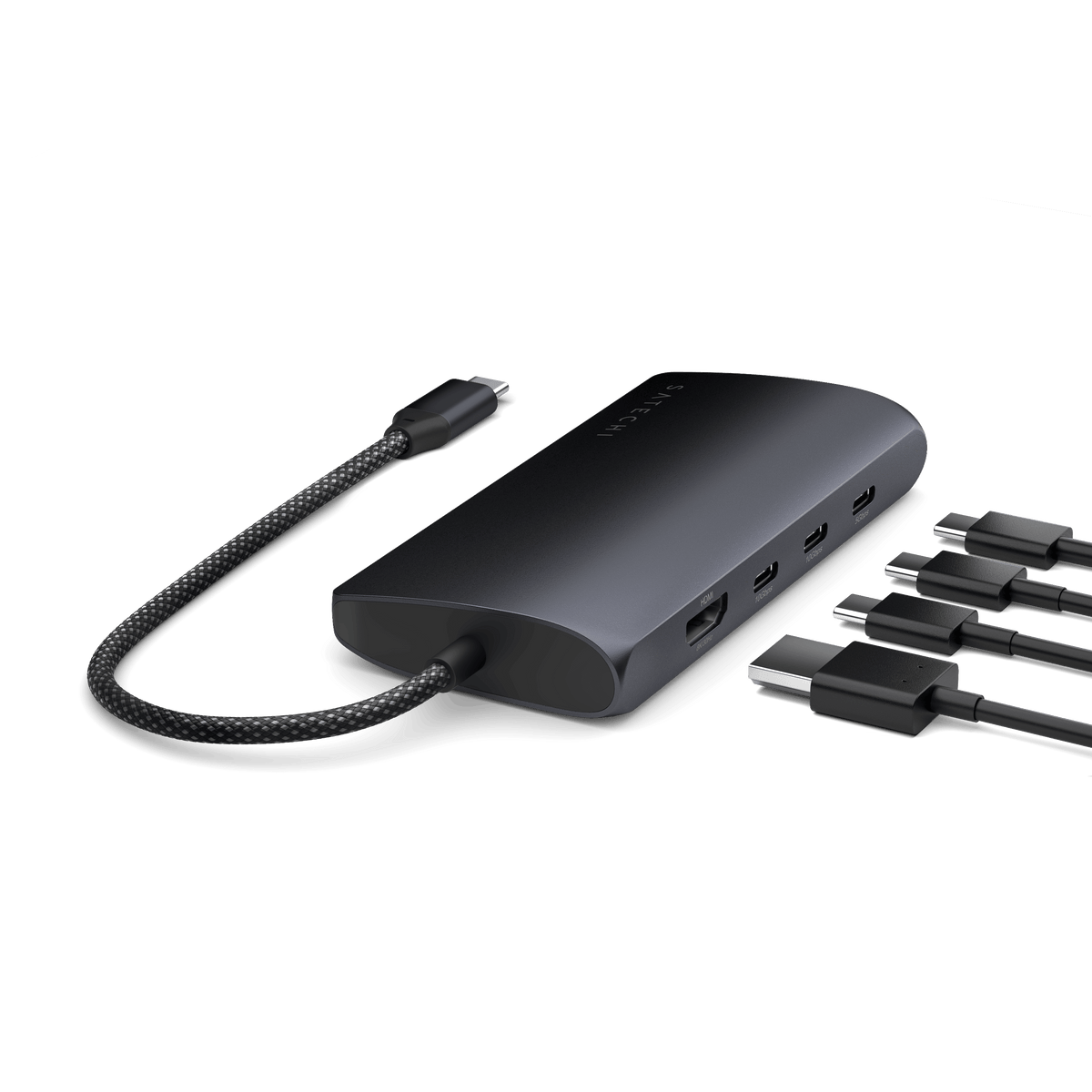 USB-C Multiport Adapter 8K With Ethernet V3 in Midnight with HDMI and USB-C cables plugged in
