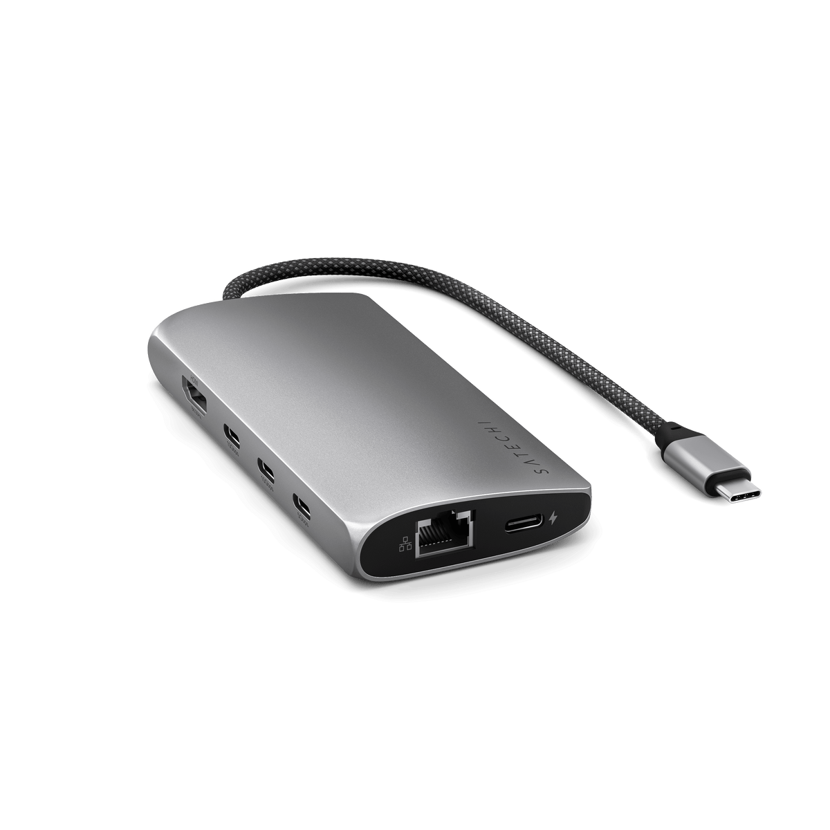 USB-C Multiport Adapter 8K With Ethernet V3 in Space Gray, angled view showing Ethernet port