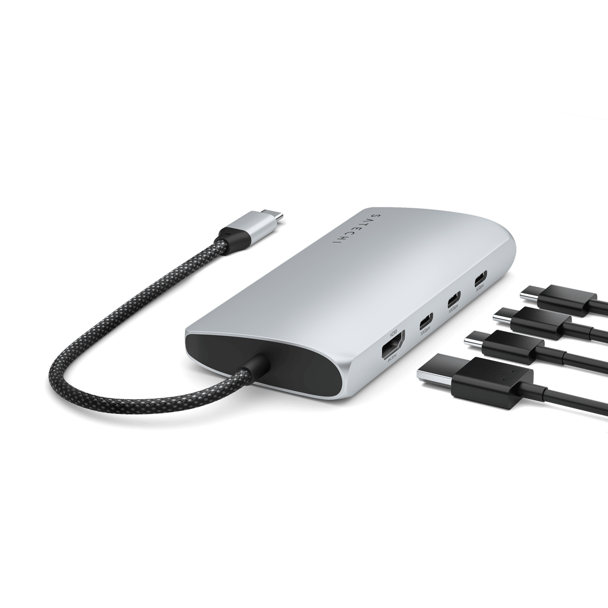 USB-C Multiport Adapter 8K With Ethernet V3 in Silver with HDMI and USB-C cables plugged in